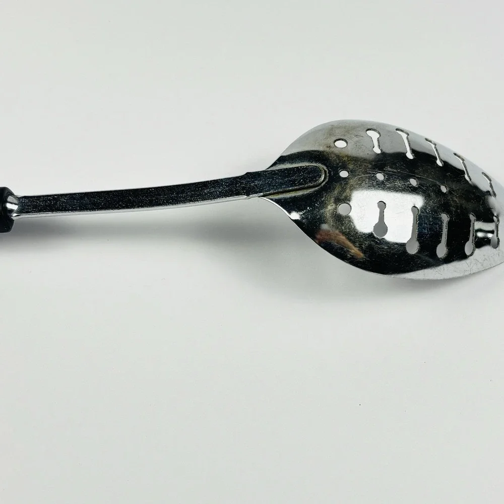 2 Vtg Ecko Spoons Slotted Metal Serving Spoon Utensil Black Plastic Handle